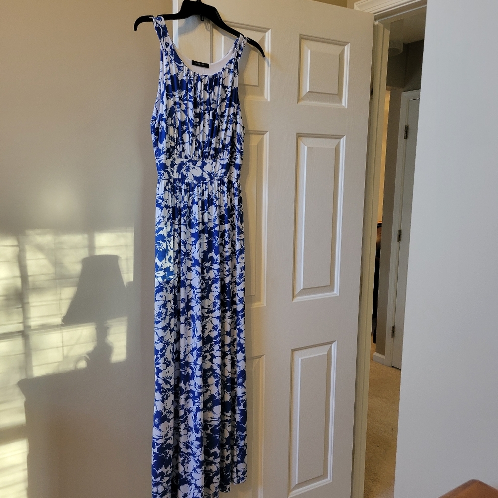 Blue and White Maxi Sundress with Ruched Bodice and Halter Neckline